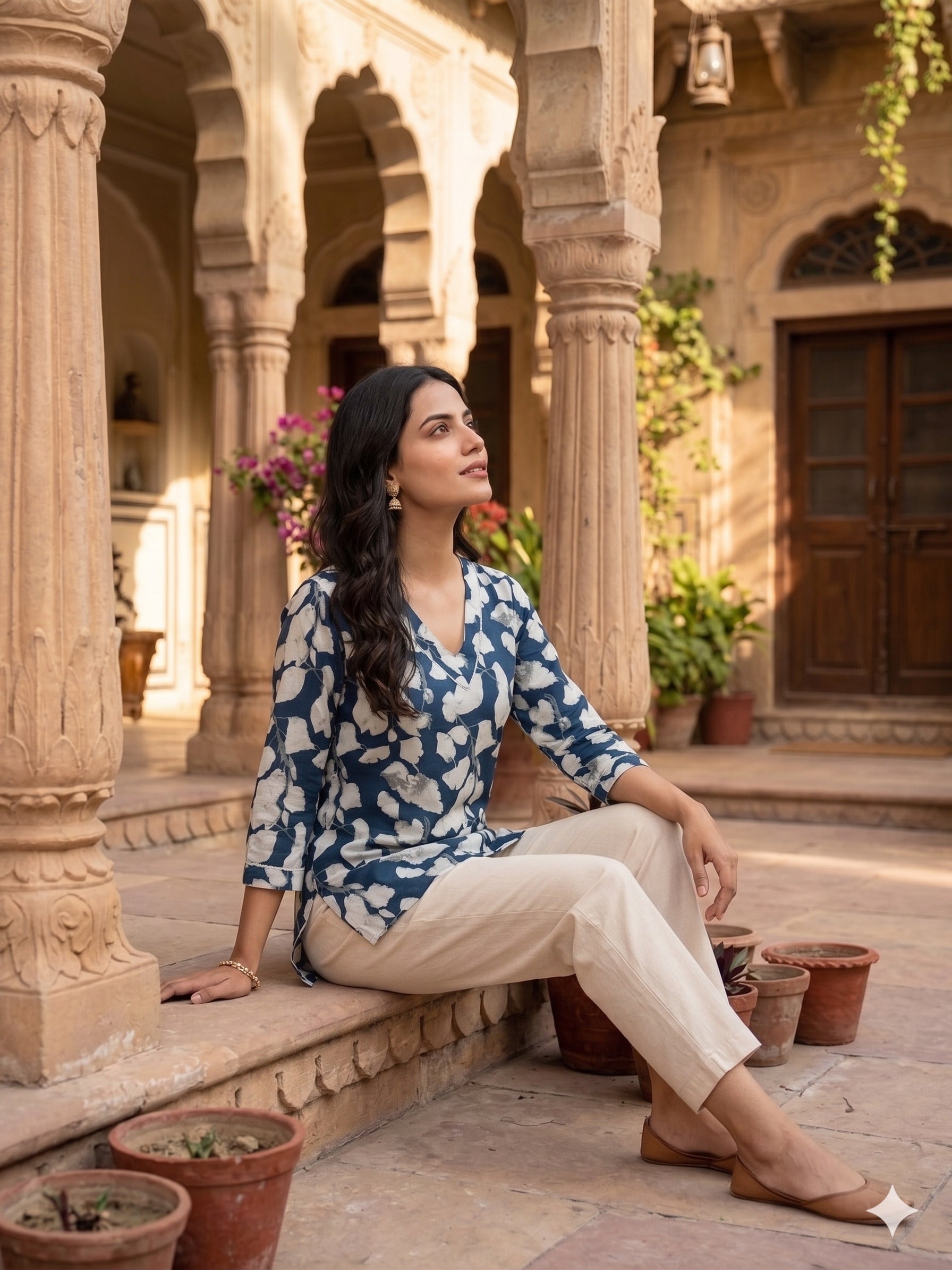 Indigo Ivy: Navy Floral Cotton Short Kurti