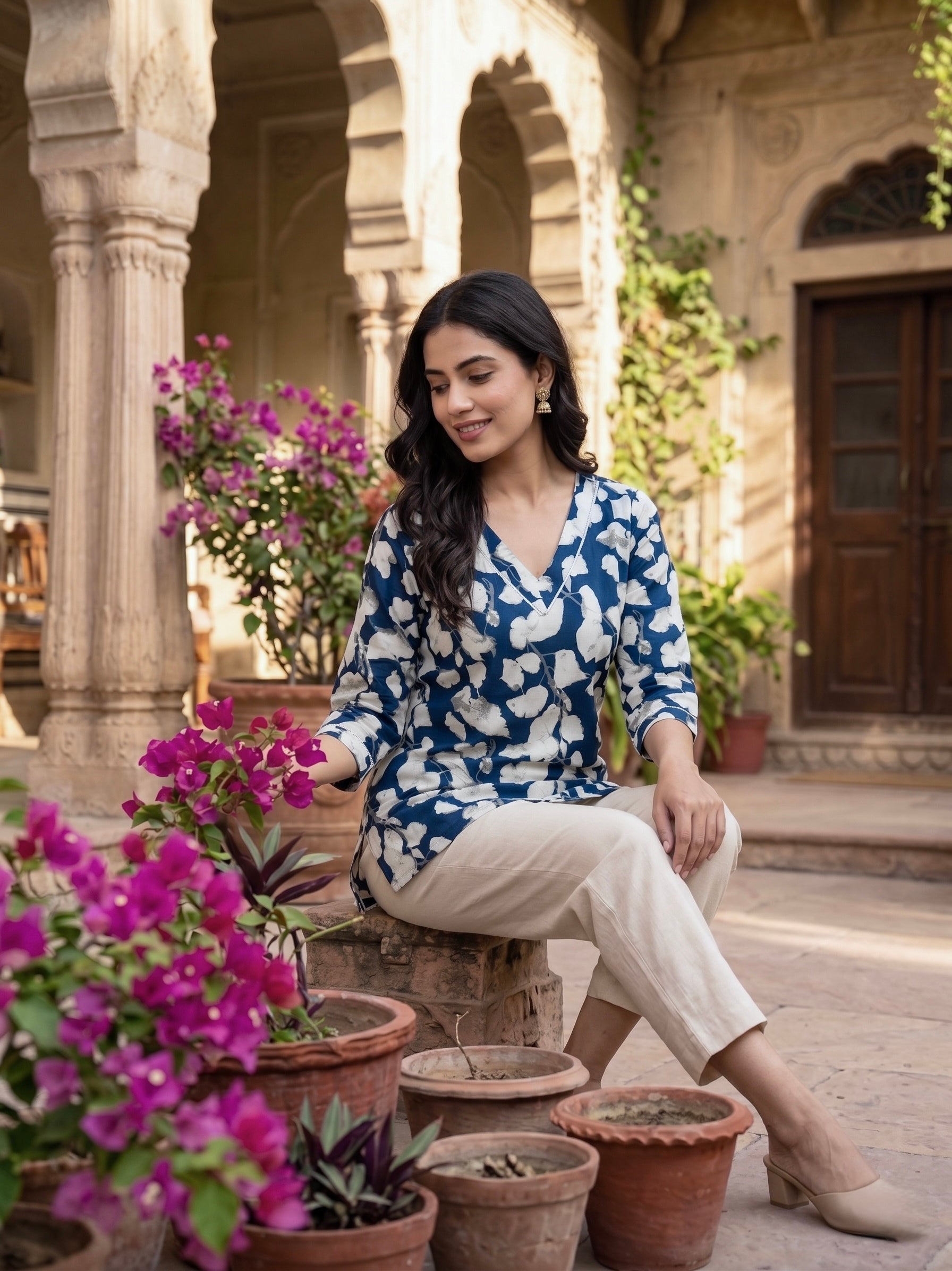 Indigo Ivy: Navy Floral Cotton Short Kurti