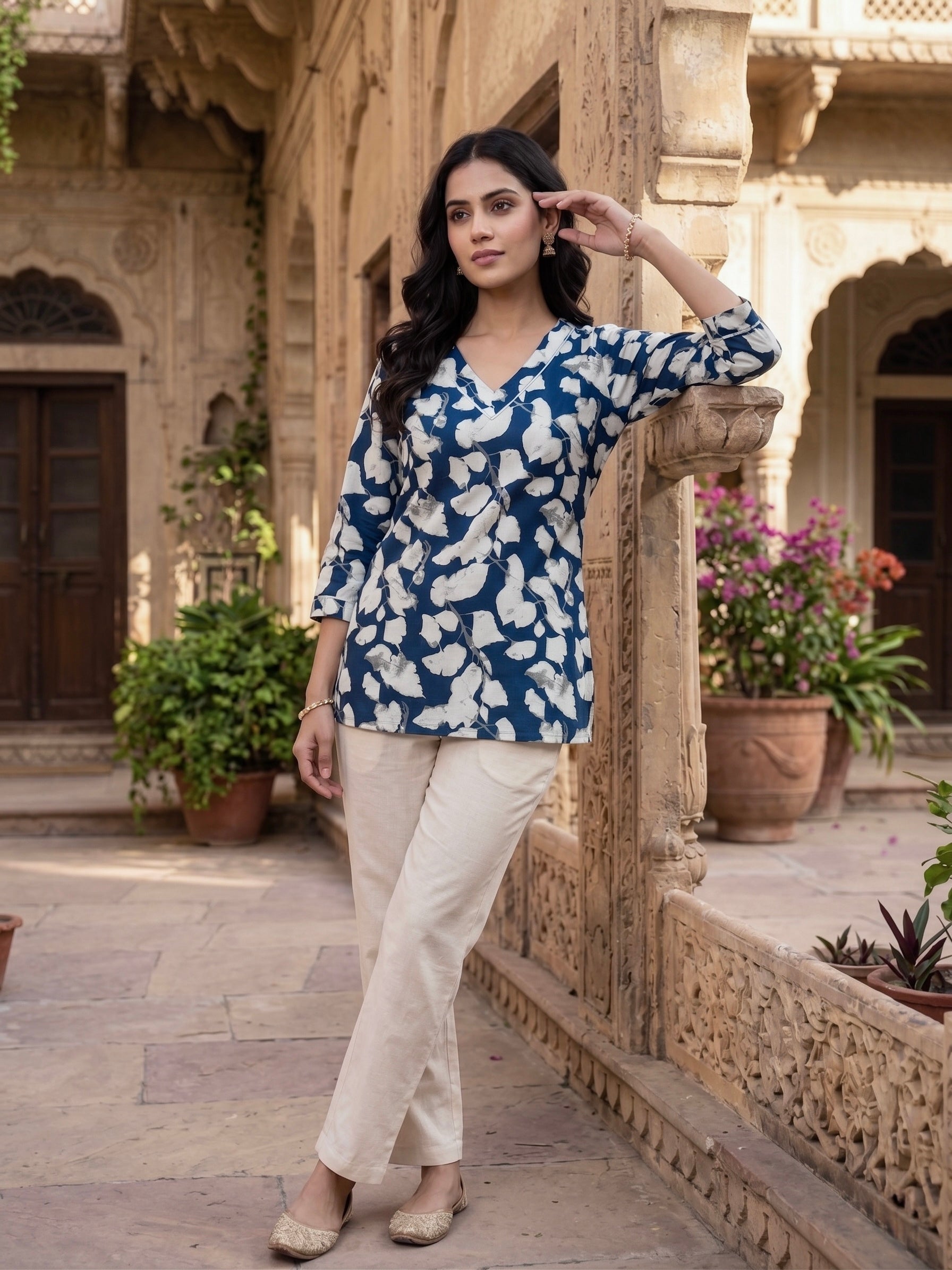 Indigo Ivy: Navy Floral Cotton Short Kurti
