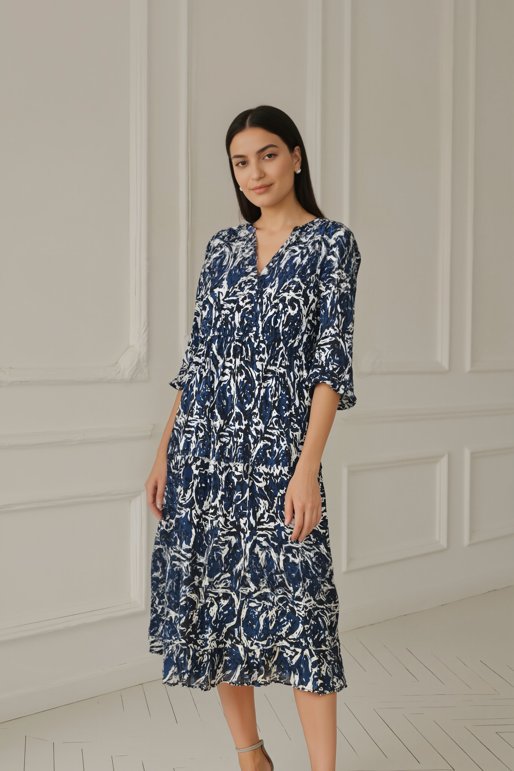 Inkflow Ease: Abstract Print Midi Dress
