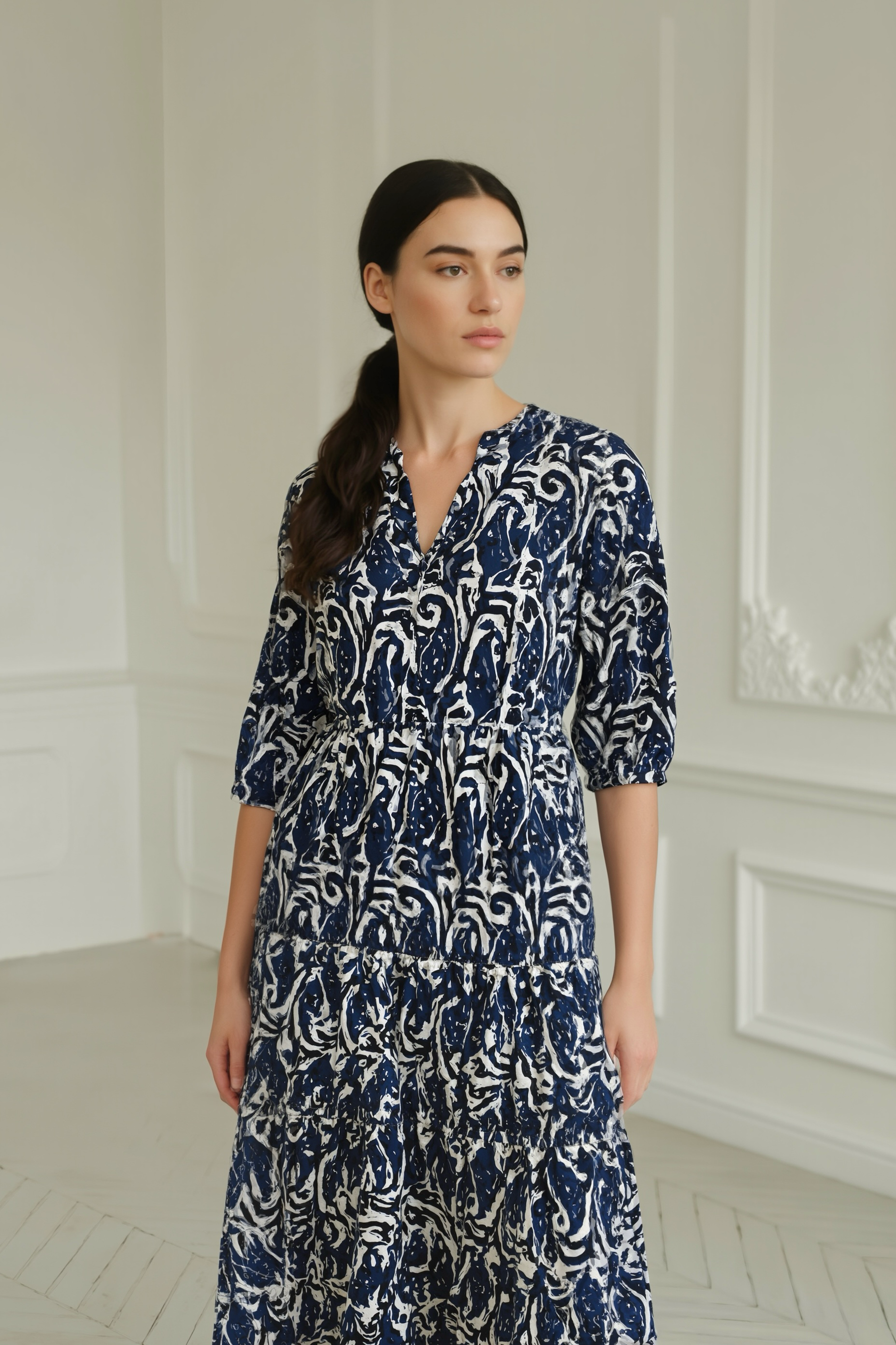Inkflow Ease: Abstract Print Midi Dress