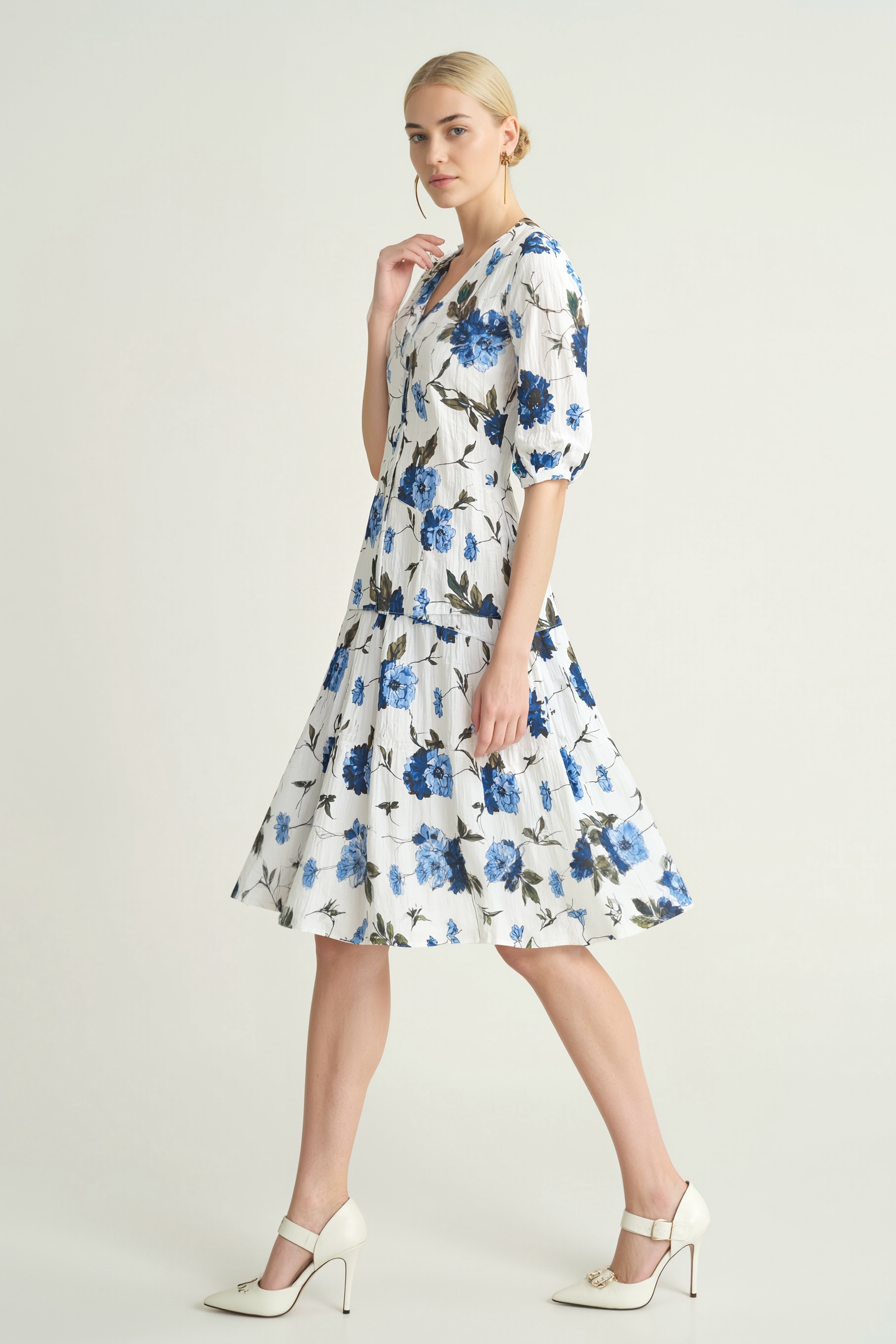 Bluebell Grace: Button-Down Floral Midi Dress