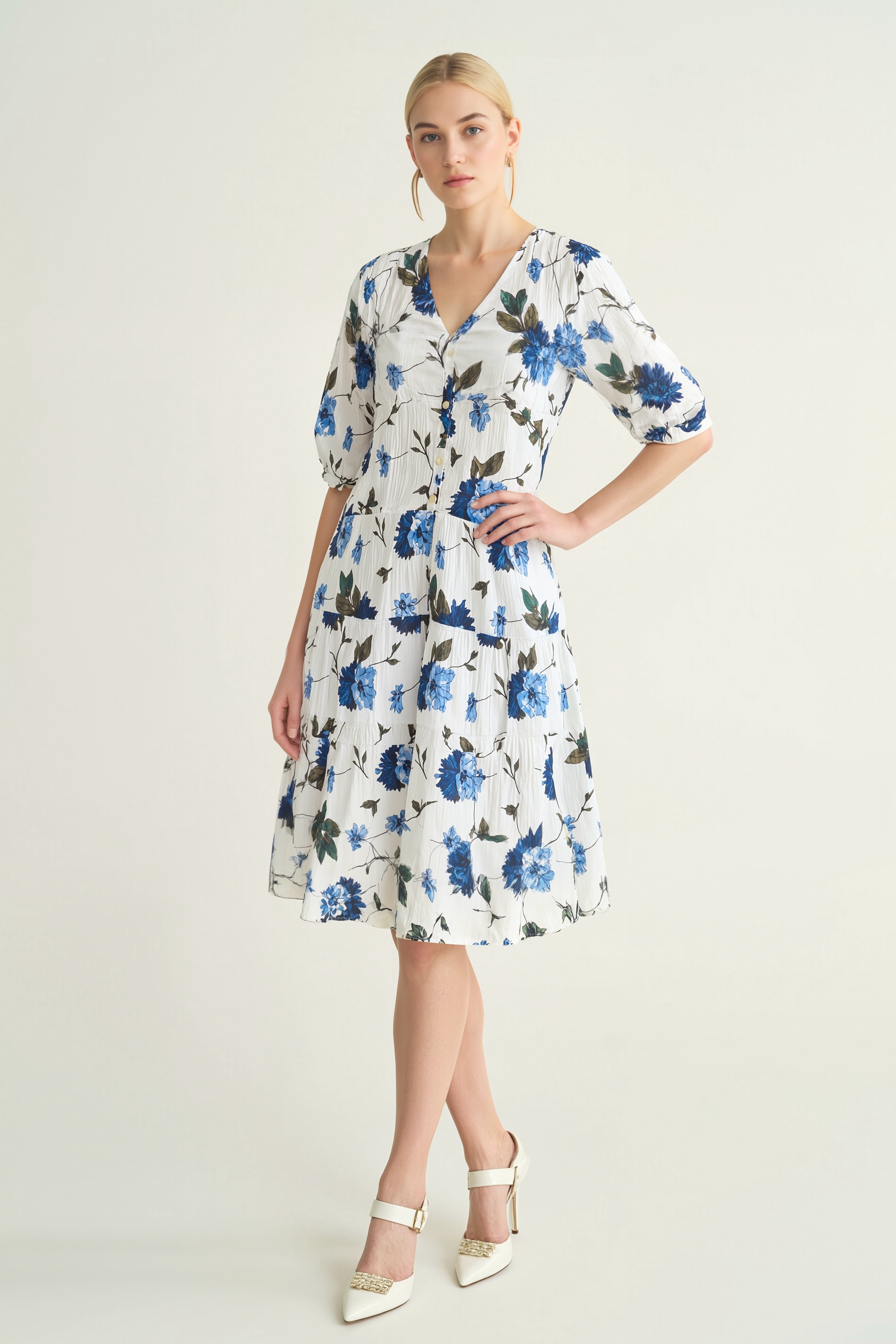Bluebell Grace: Button-Down Floral Midi Dress