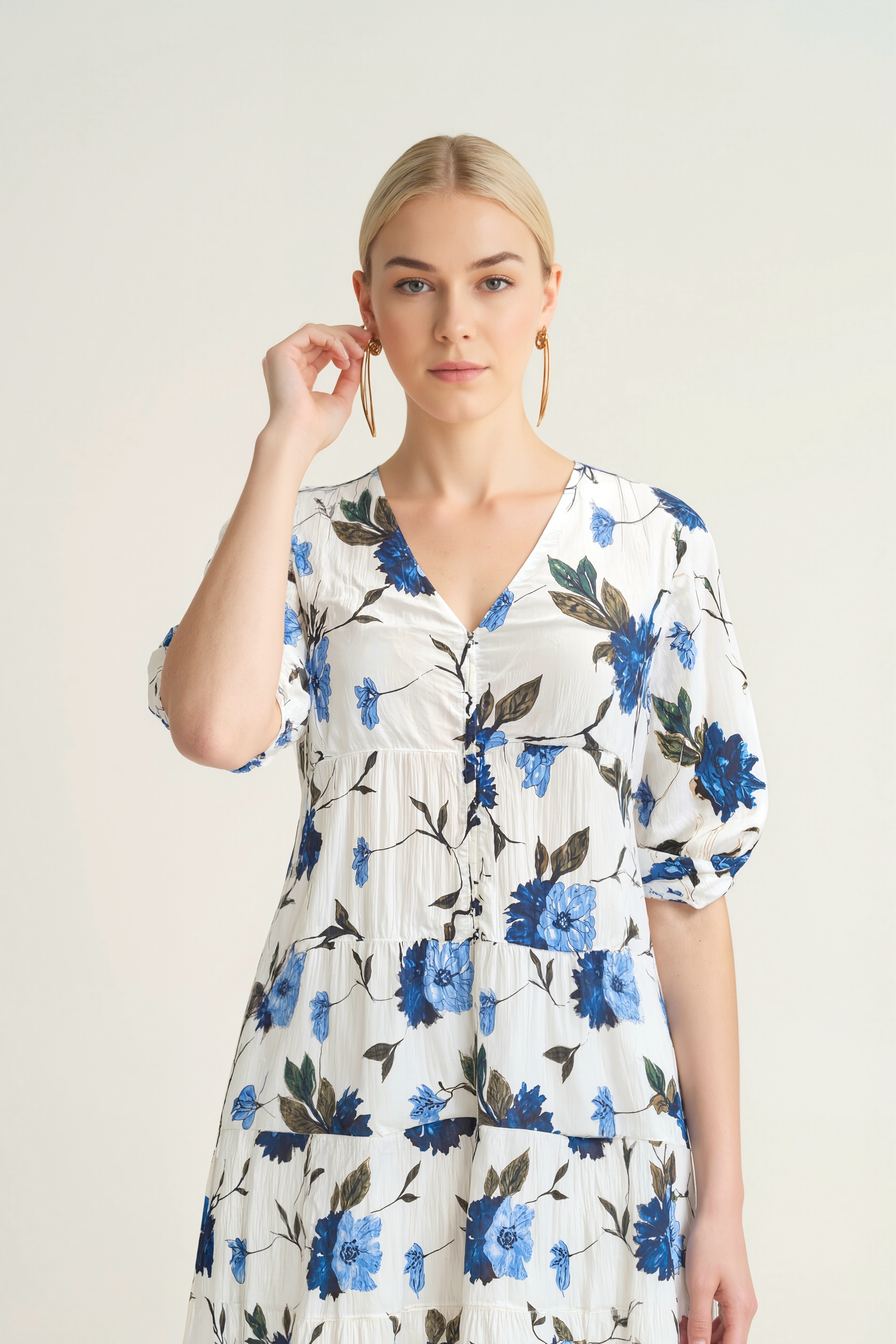 Bluebell Grace: Button-Down Floral Midi Dress