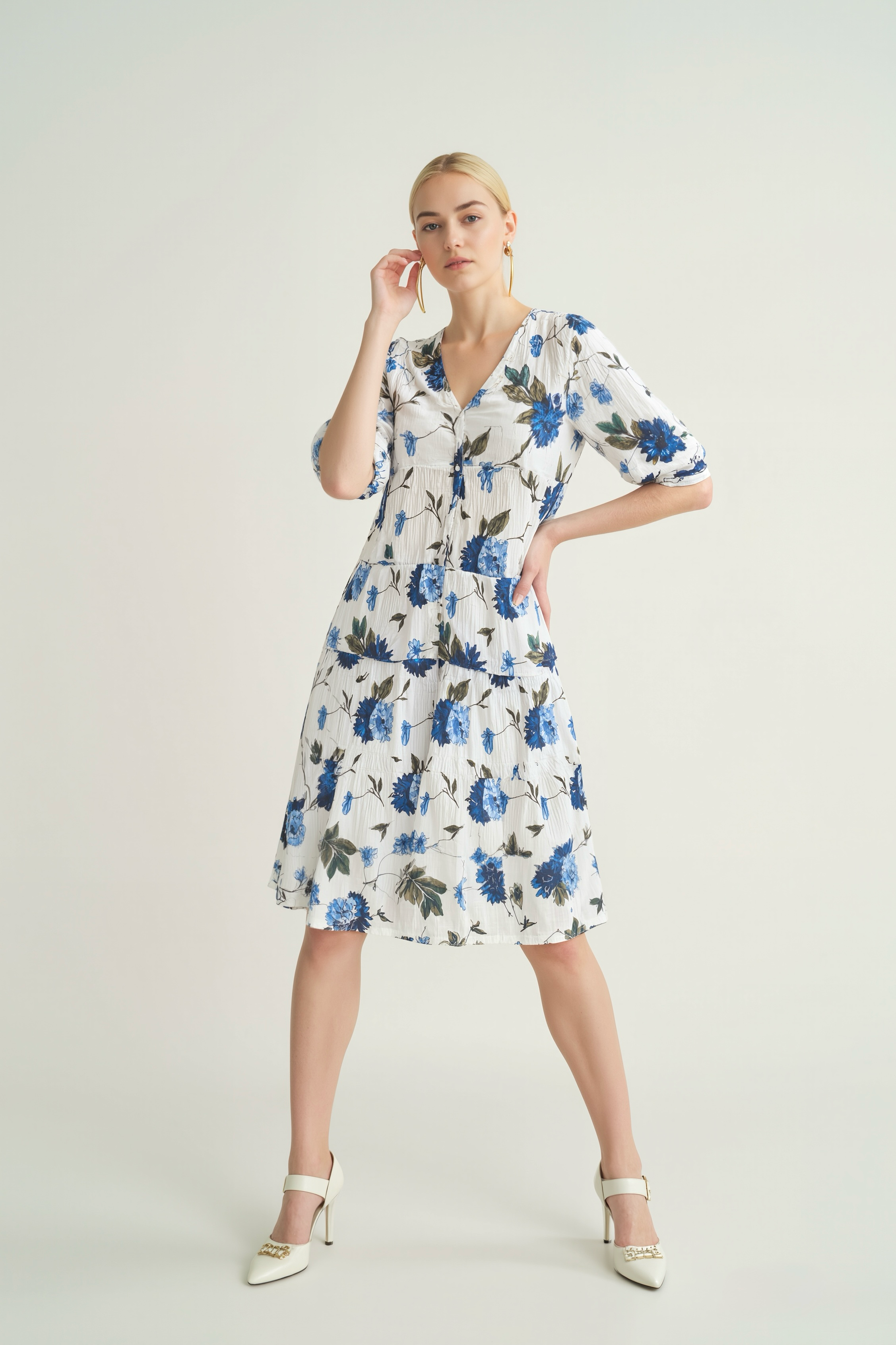 Bluebell Grace: Button-Down Floral Midi Dress