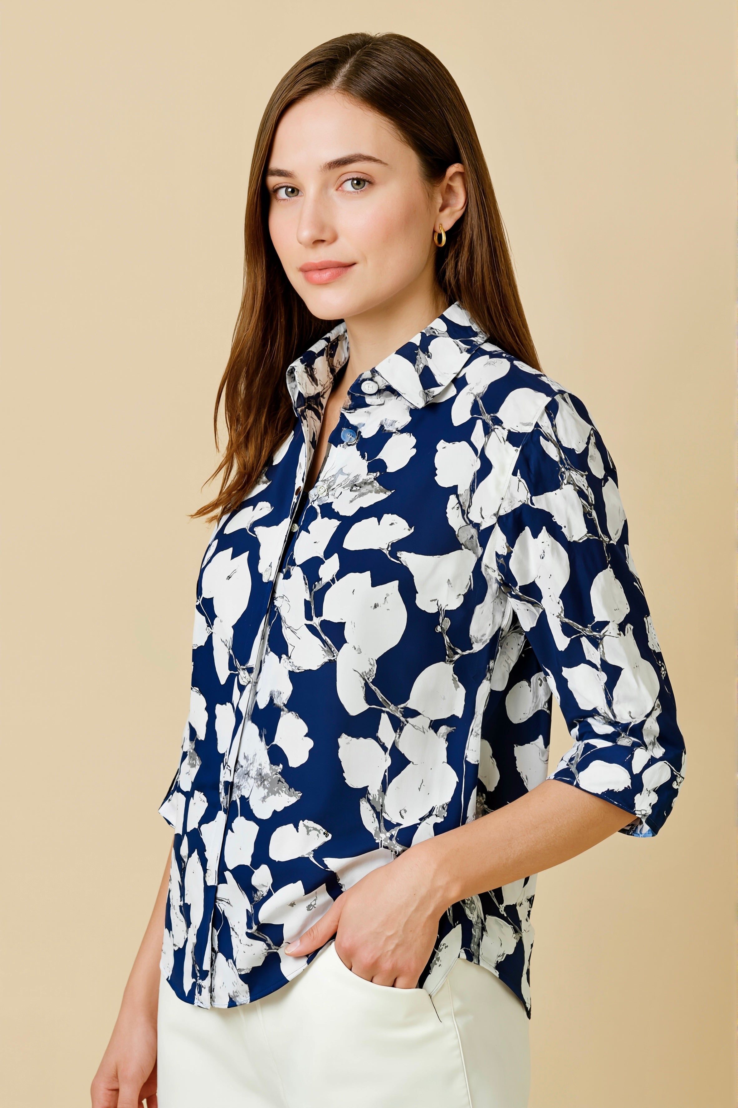 Lunara Navy Floral Cotton Shirt