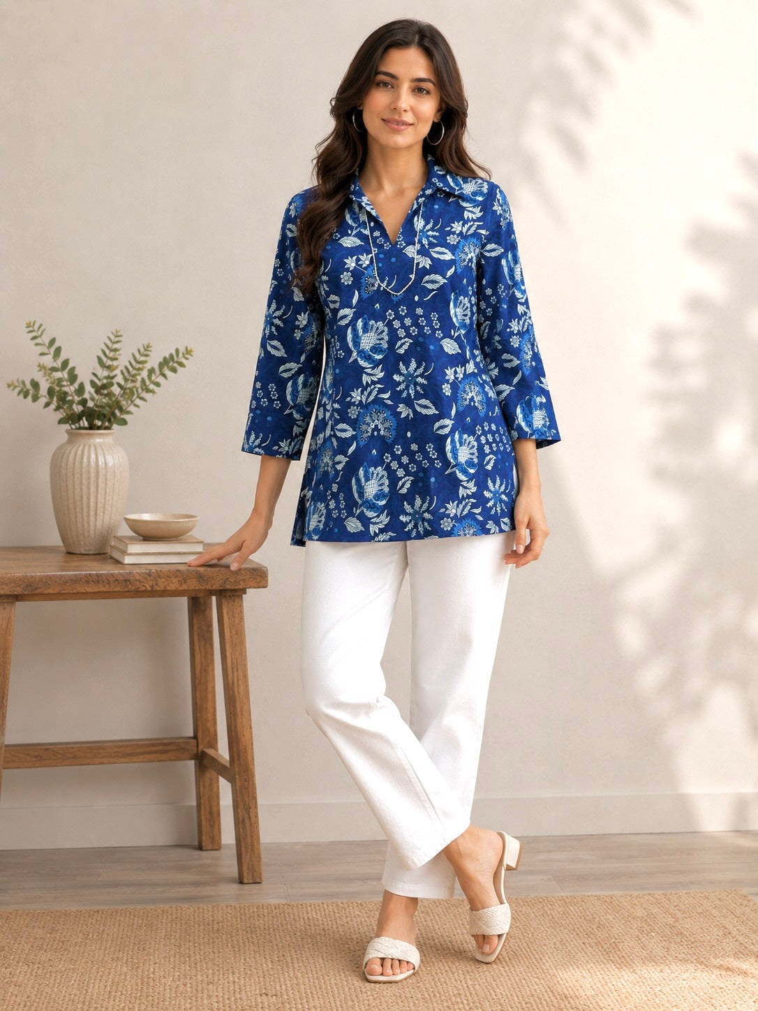 Azure Bloom: Floral Cotton Short Kurti