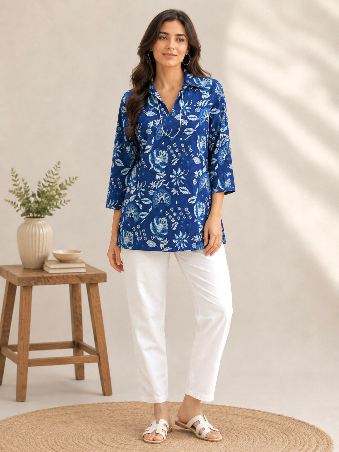 Azure Bloom: Floral Cotton Short Kurti