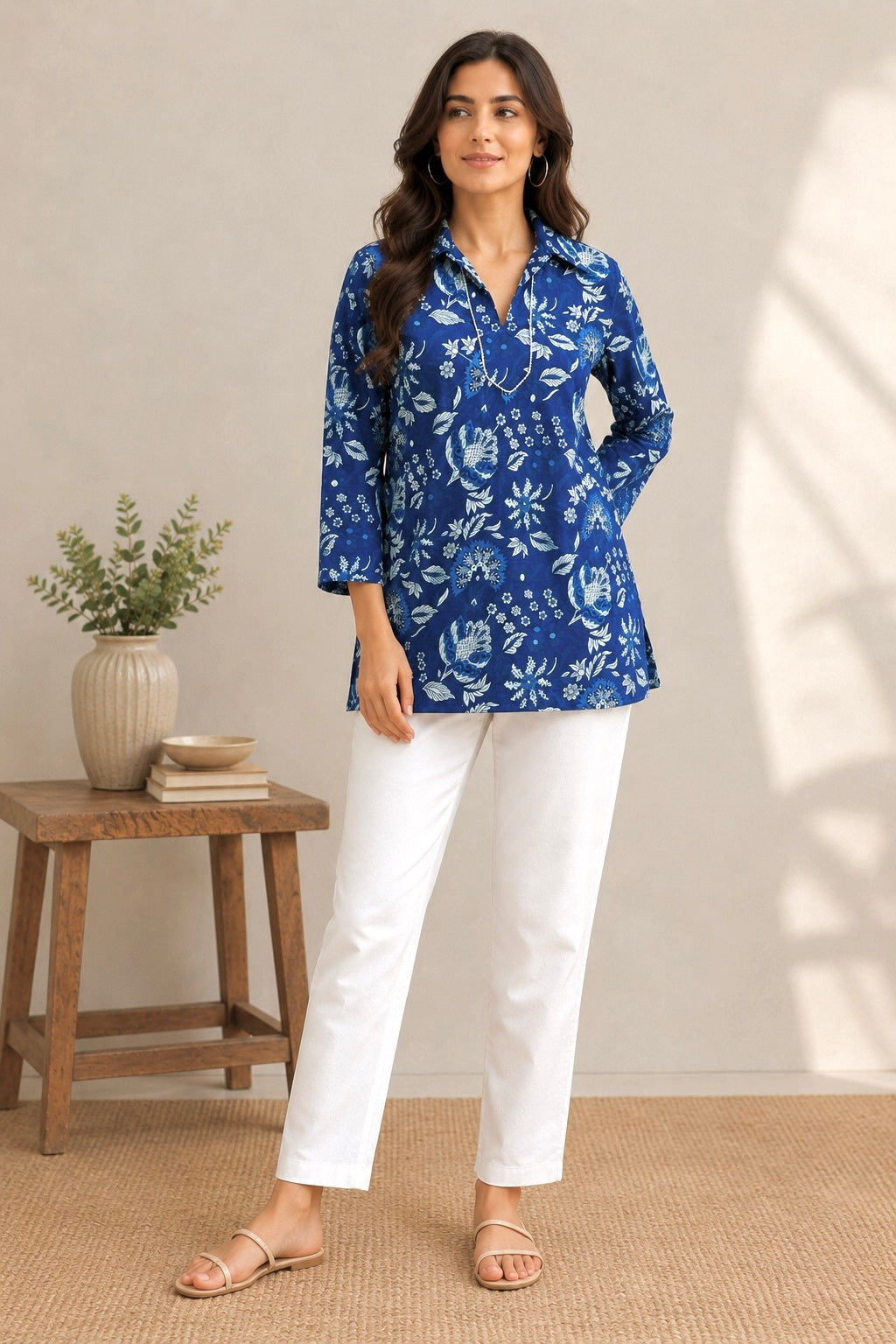 Azure Bloom: Floral Cotton Short Kurti