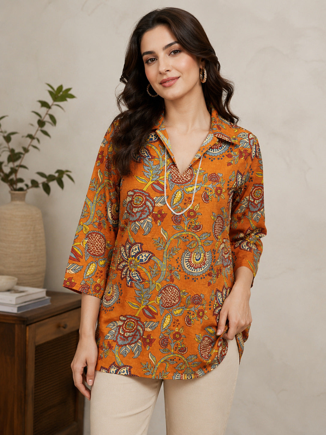 Saffron Royale: Printed Cotton Short Kurti