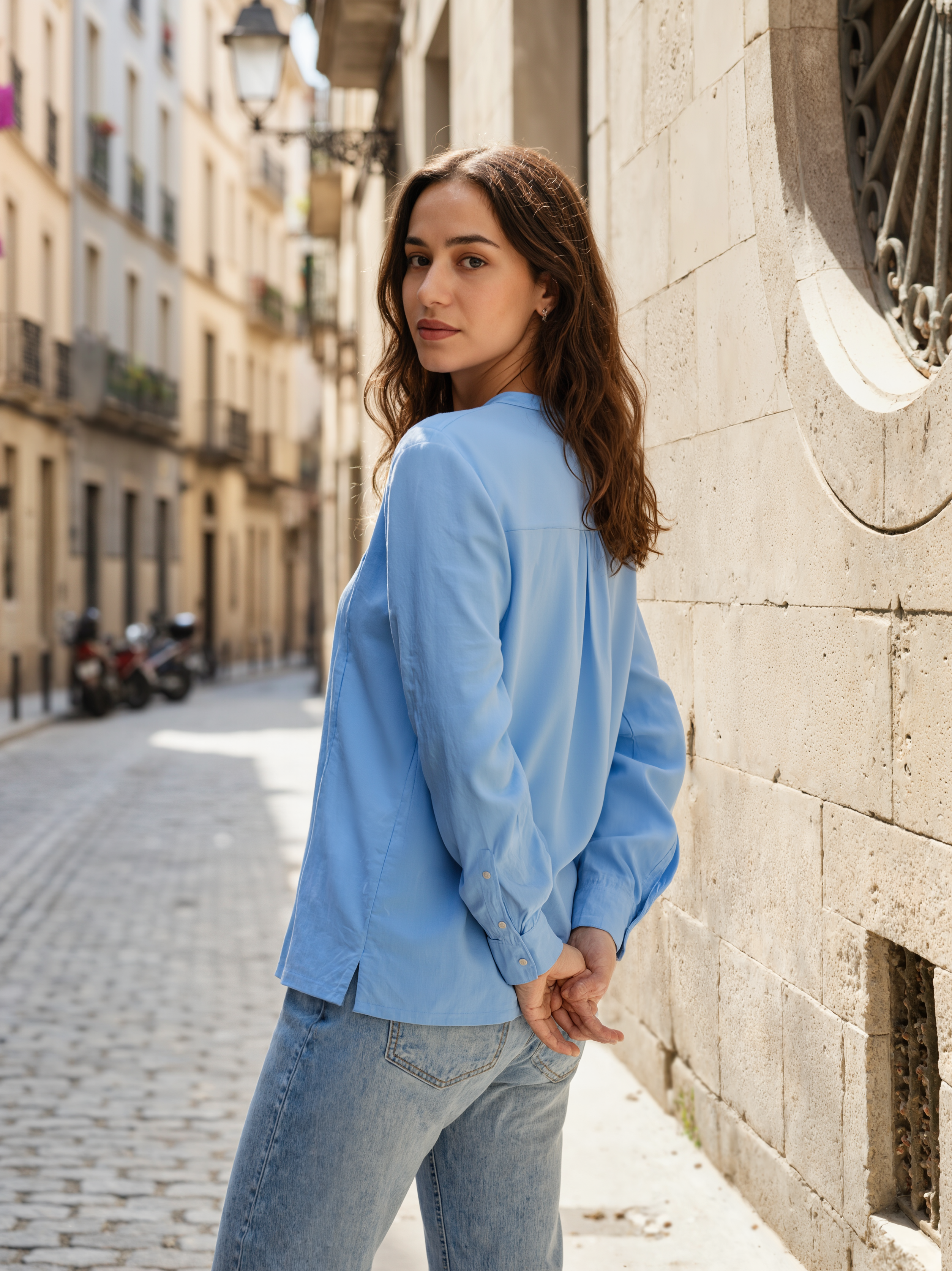 Glam Blue: Ruffle-Front Cotton Shirt