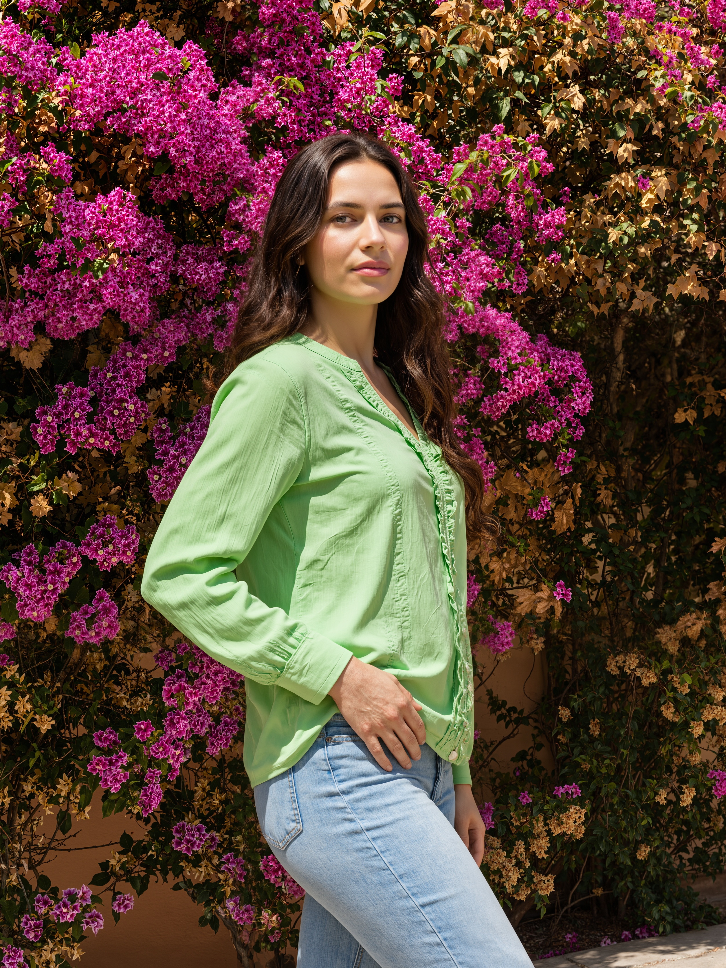 Glam Green: Ruffle-Front Cotton Shirt