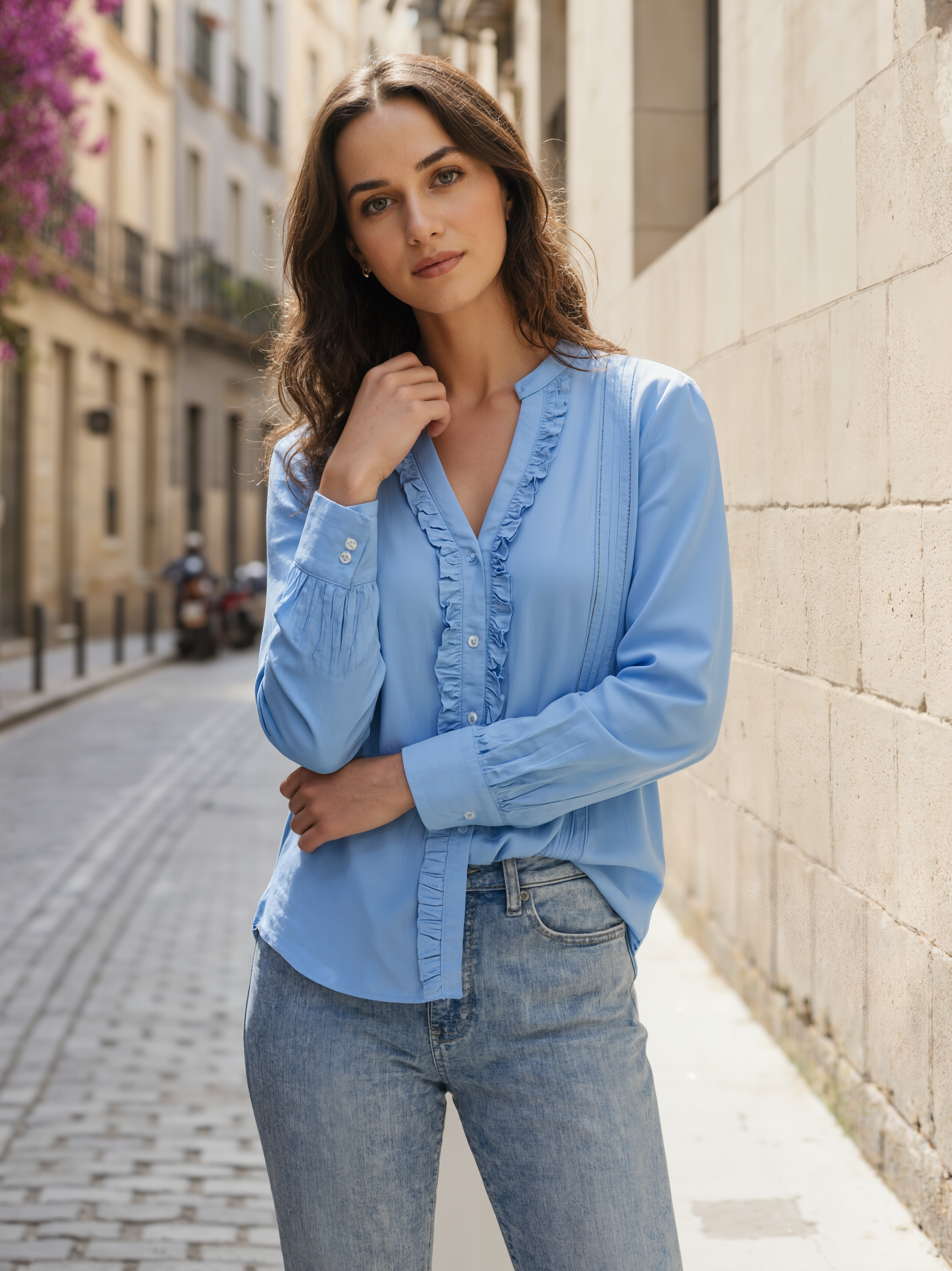 Glam Blue: Ruffle-Front Cotton Shirt
